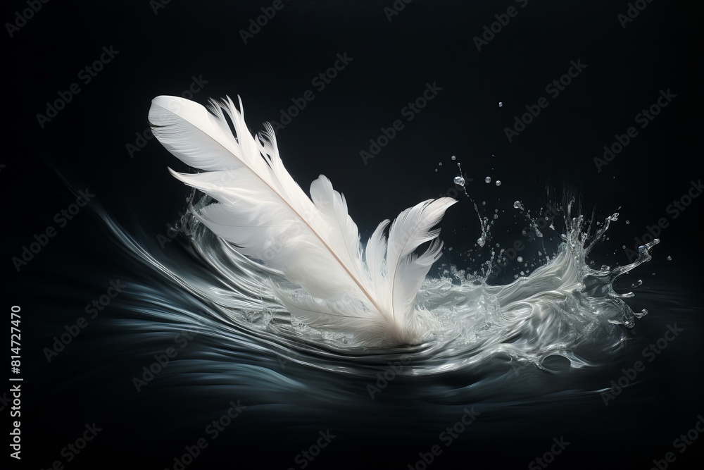 Poster elegant white feathers gently float on dark water, creating a serene scene with dynamic splashes