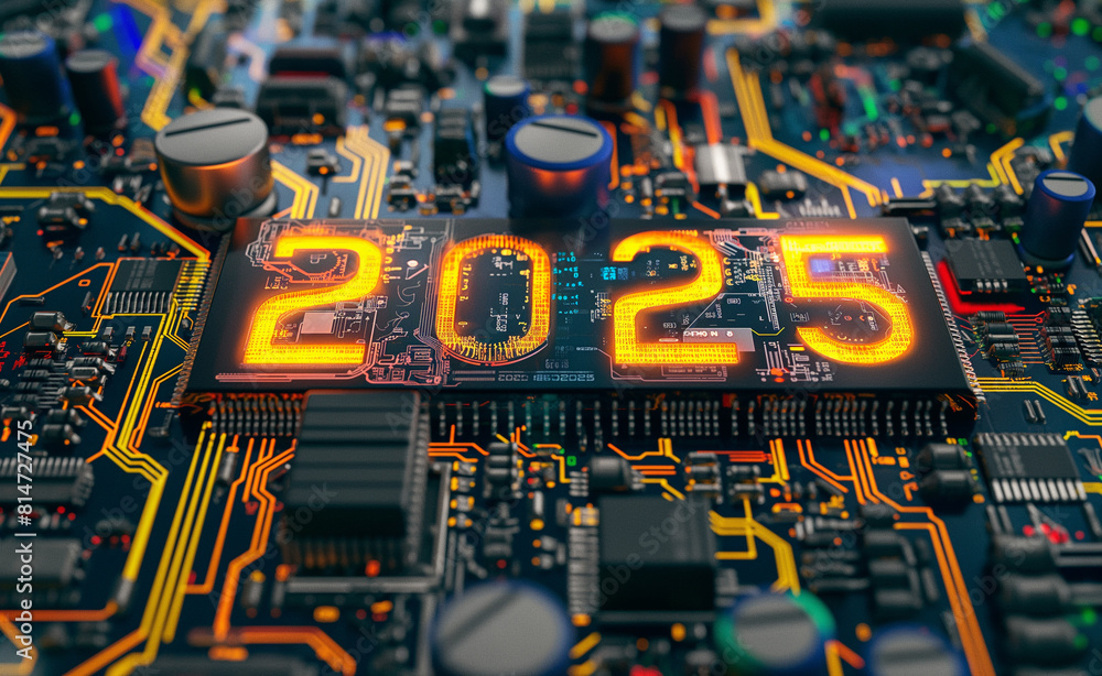 Poster happy new year 2025. circuit board with advanced microchips and cpu.