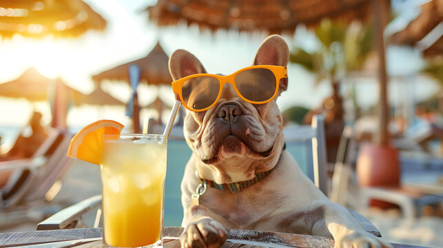 French bulldog with glasses and cocktail