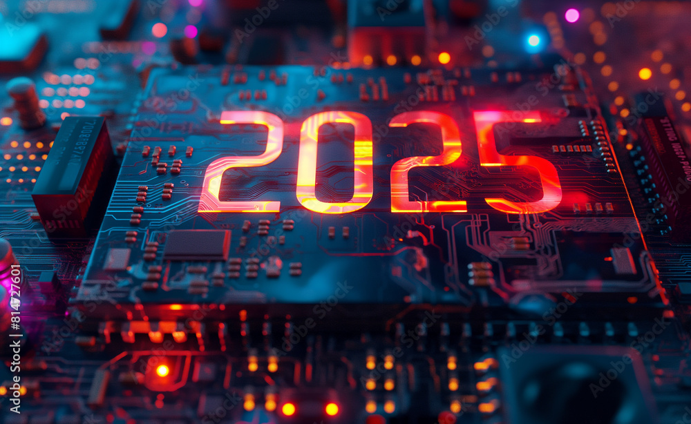 Poster happy new year 2025. circuit board with advanced microchips and cpu.