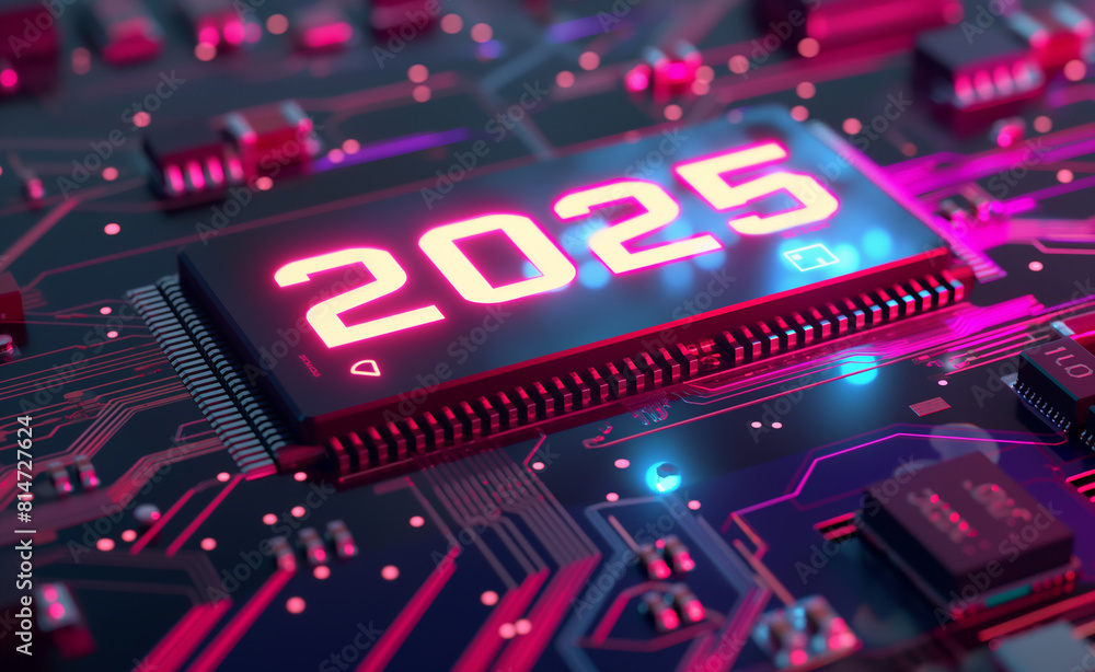 Poster happy new year 2025. circuit board with advanced microchips and cpu.