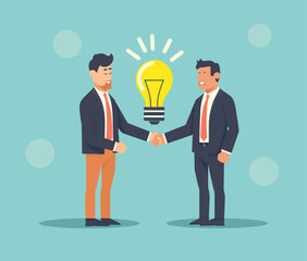two men shaking hands with a light bulb above them