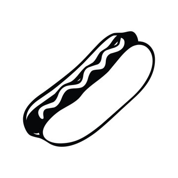 Hot Dog  food vector icon. Isolated cooked sausage of a hot dog in a sliced bun and drizzled with yellow mustard sign design.