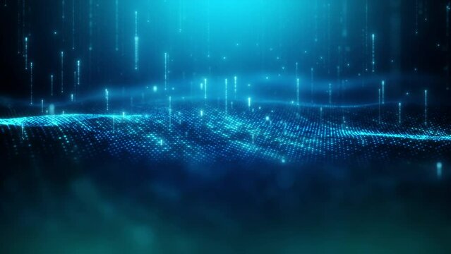 Blue digital backdrop with flowing data patterns in a futuristic concept. Abstract digital backdrop with glowing digital light motion in a grid, suggesting a scientific data concept.