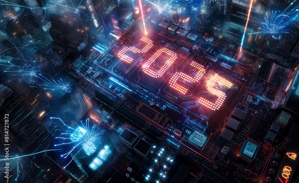 Poster happy new year 2025. circuit board with advanced microchips and cpu.
