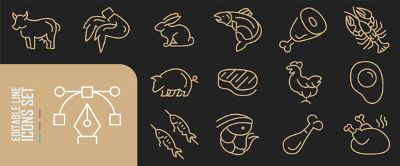 Meat, poultry, fish and eggs - minimal thin line web icon set
