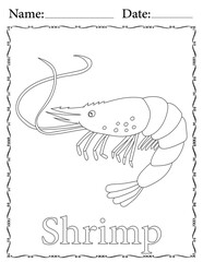 Shrimp Coloring Page. Printable Coloring Worksheet for Kids. Educational Resources for School and Preschool.