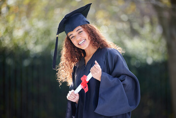 University, smile and portrait of woman at graduation in park, outdoor campus or event with diploma. Certificate, pride and happy student with college education, opportunity or scholarship success
