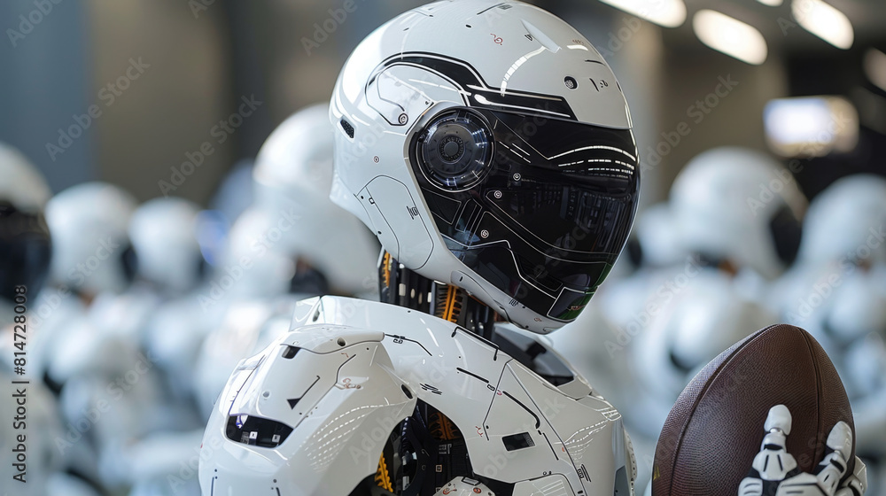 Poster A detailed view of a futuristic robots head with intricate designs, set against a backdrop of similar units.