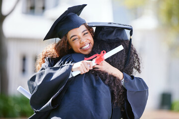 Portrait, hug and women at graduation in park, outdoor campus or university event with diploma....