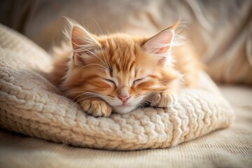 A cute red fluffy kitten is sleeping on a pillow by the window. The cat is comfortably ensconced in his favorite place to relax in the rays of the sun.