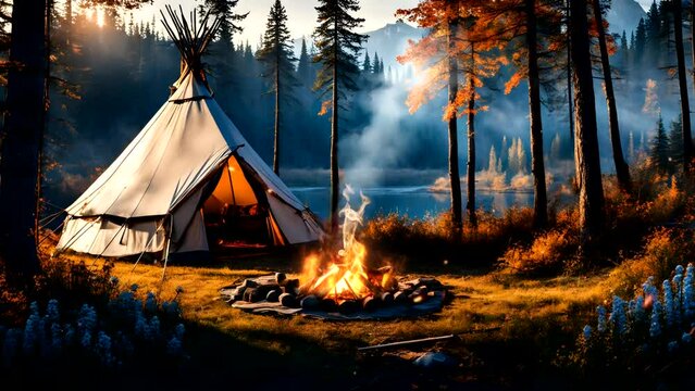 Traditional Native American Indian tent with campfire in serene forest setting