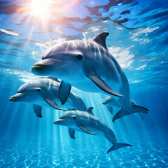 Naklejka premium dolphins swimming in the clear blue water of the pool closeup,Close-up of dolphins in their natural habitat, clear blue waters reflecting sunlight.generate ai 