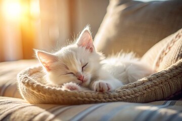 Obraz premium A cute pure white fluffy kitten sleeps on a pillow by the window. The cat is comfortably ensconced in his favorite place to relax in the rays of the sun.