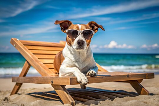 A happy dog on the beach in sunglasses is lying on a wooden chaise longue. The concept of a holiday resort with pets.