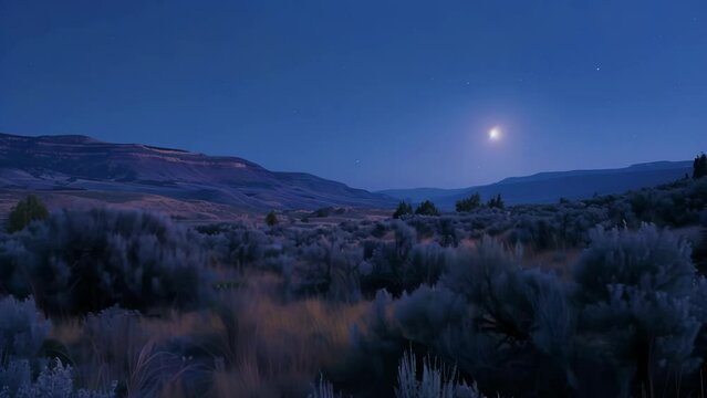 The scent of sagebrush and juniper carried on the cool breeze adding to the mystique of the moonlit canyon. 2d flat cartoon.