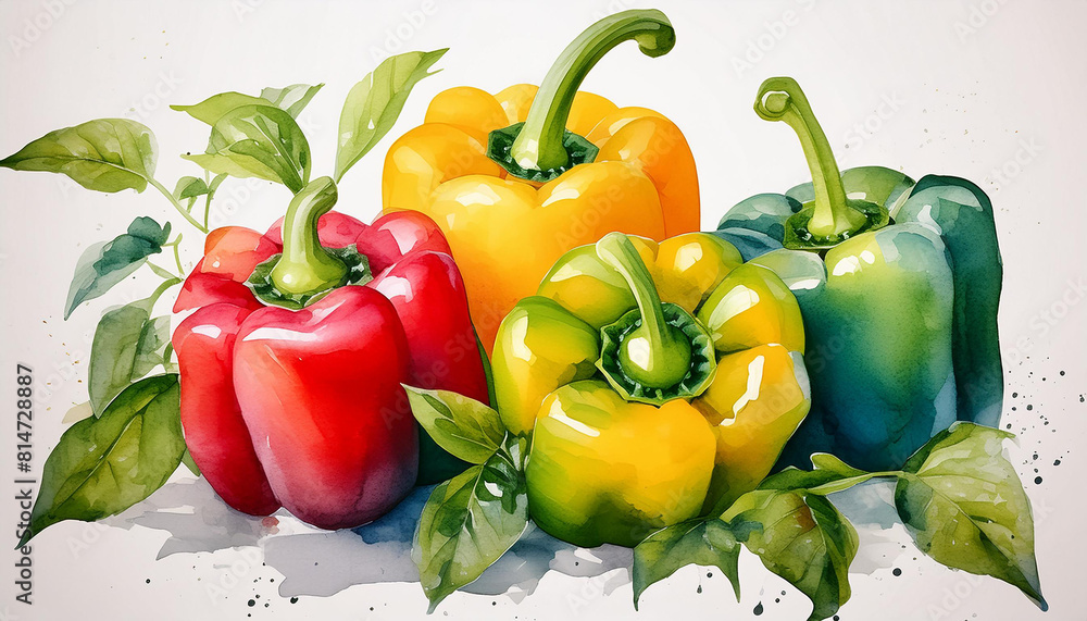 Wall mural Watercolor illustration of fresh bell peppers. Healthy farm vegetable. Vegan, organic food. - Wall murals