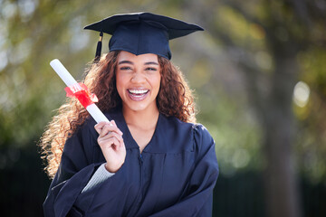 Woman, graduation and portrait with smile at college for success, growth and achievement in Brazil. Female student, happy and certificate outdoors for pride, goals and education in university