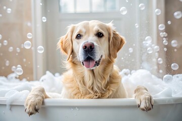 Close-up. A golden retriever is bathing in a bubble bath. Washing the dog. The concept of pet care.