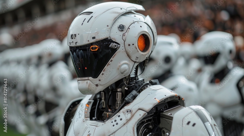Poster A group of white robots standing in a straight line, showcasing artificial intelligence and technology advancements.