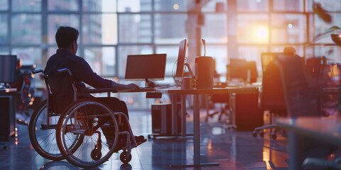 Inclusion at workplace concept - an employee in a wheelchair working comfortably at a specially designed accessible desk
