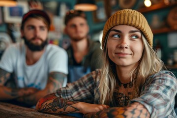 Fototapeta premium An attractive young woman with tattoos and piercings sits at a bar, smiling