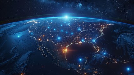 Space-based telecommunications network above North America and the United States, showing American 5G LTE mobile web, global WiFi connections, or blockchain technology.