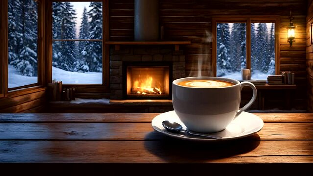 cup of coffee on wooden table with fireplace