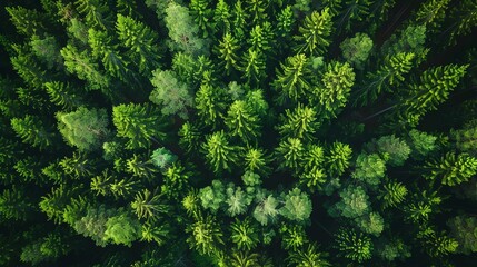 An aerial view of a coniferous forest. The trees are densely packed and the canopy is unbroken. The forest is in the early stages of succession.