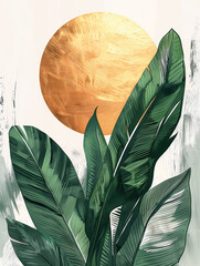 Abstract Tropical Leaves with Textured Golden Moon Illustration