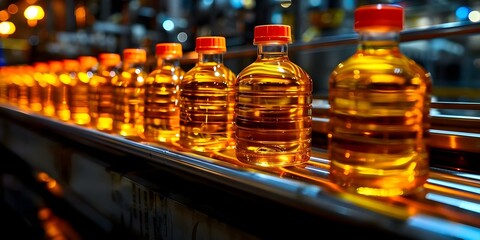 Vegetable oil-filled glass bottles on conveyor belt in factory. Concept Manufacturing Process, Food industry, Factory Automation, Conveyor Systems, Industrial Production