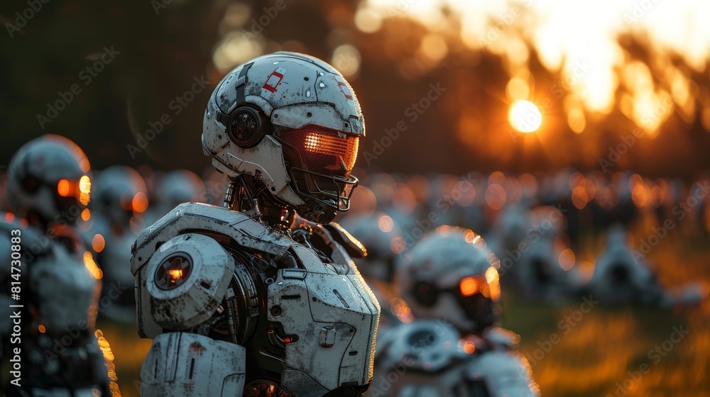 Poster A group of humanoid robots stands in a field with the setting sun casting a warm glow.