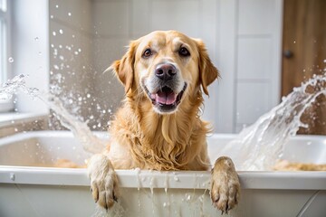 Close-up. A golden retriever is bathing in a bubble bath. Washing the dog. The concept of pet care.