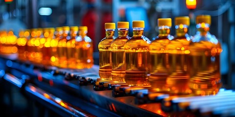 Vegetable Oil Glass Bottles Moving on Conveyor Belt in Factory. Concept Food Packaging, Industrial Automation, Manufacturing Process, Conveyor Belt System, Vegetable Oil Industry