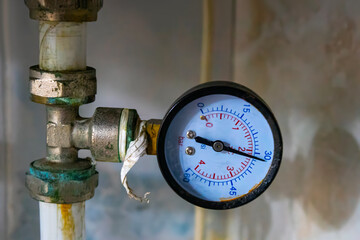 pressure gauge was mounted on the old machine, measuremant and equipment in the industry