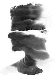 A black and white ink stroke pattern paintography profile portrait of a man © DAZOKA.com