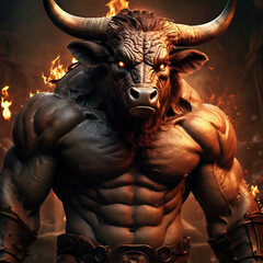 fantasy illustration of a humanoid muscular male bull with big horns on fire background. Portrait of  the Minotaur In Greek mythology