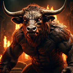 Portrait of  the Minotaur In Greek mythology with fire.  humanoid angry powerful bull with big horns on the background of fire.