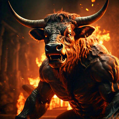 humanoid angry powerful bull with big horns on the background of fire. Portrait of  the Minotaur In Greek mythology