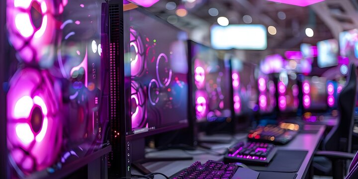 Modern computers for gaming at a highend internet cafe. Concept Gaming Computers, High-End Specifications, Internet Cafe, Modern Design, Advanced Graphics