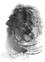A black and white brushstroke paintography profile of an old man
