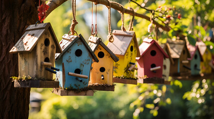 Cluster of birdhouses hanging from a tree branch
