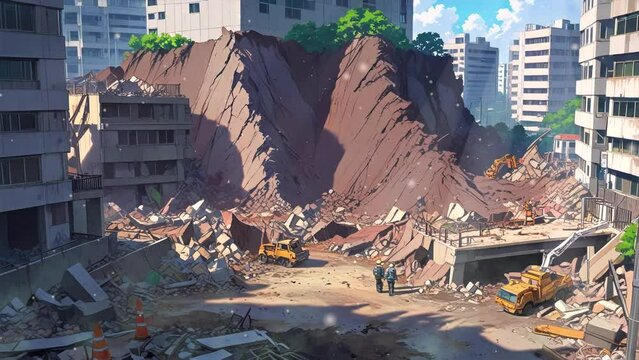 Cracks and damages riddle the buildings and streets of this cartoon cityscape, showcasing the devastation caused by an earthquake. The concept of insurance for construction projects.