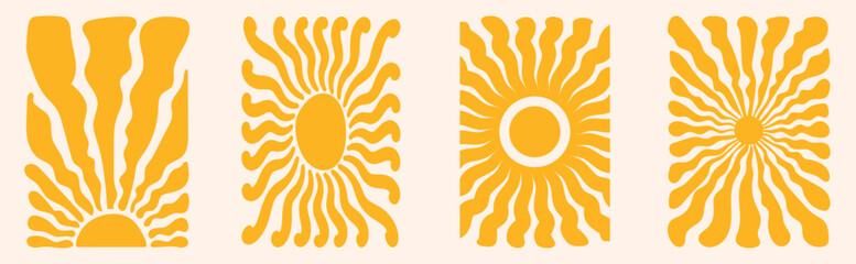 Groovy retro abstract sun backgrounds. Organic doodle shapes in trendy naive hippie 60s 70s style.  Vertical Wavy vector illustration in yellow colors.Contemporary poster print banner template. eps 10
