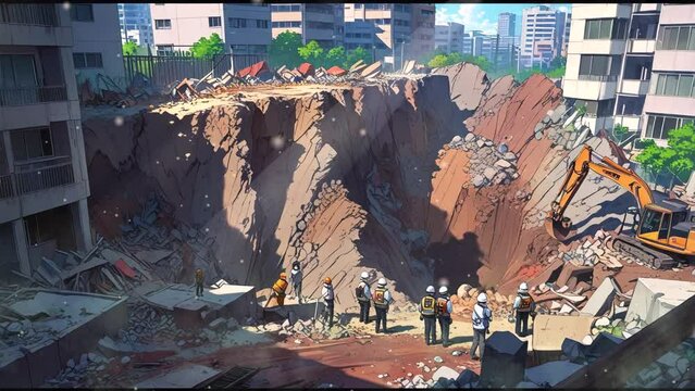 A city landscape is marred by cracks and damages on buildings and ground, signaling the aftermath of an earthquake. This vector illustration emphasizes the importance of insurance coverage.