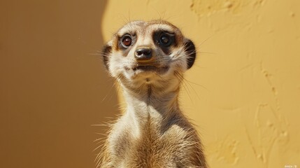 An inquisitive meerkat on a clean beige background
