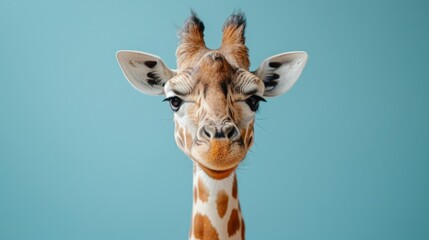 A playful giraffe on a clean blue background