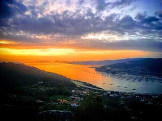 Sunset over the Ria de Vigo with Cies islands, Redondela, Galicia, Spain, December 2018