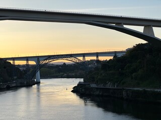 Three bridges over the river Douro during sunrise, Porto, Portugal, April 2023