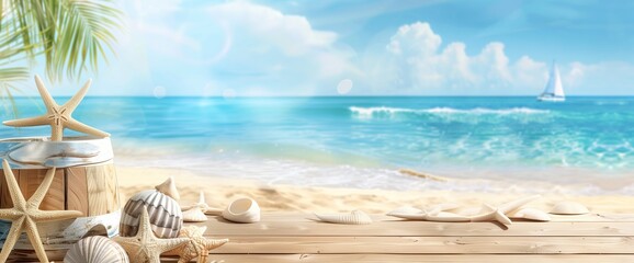 Obraz premium Summer background with beach accessories on wooden table and blue sea in the back, summer vacation concept